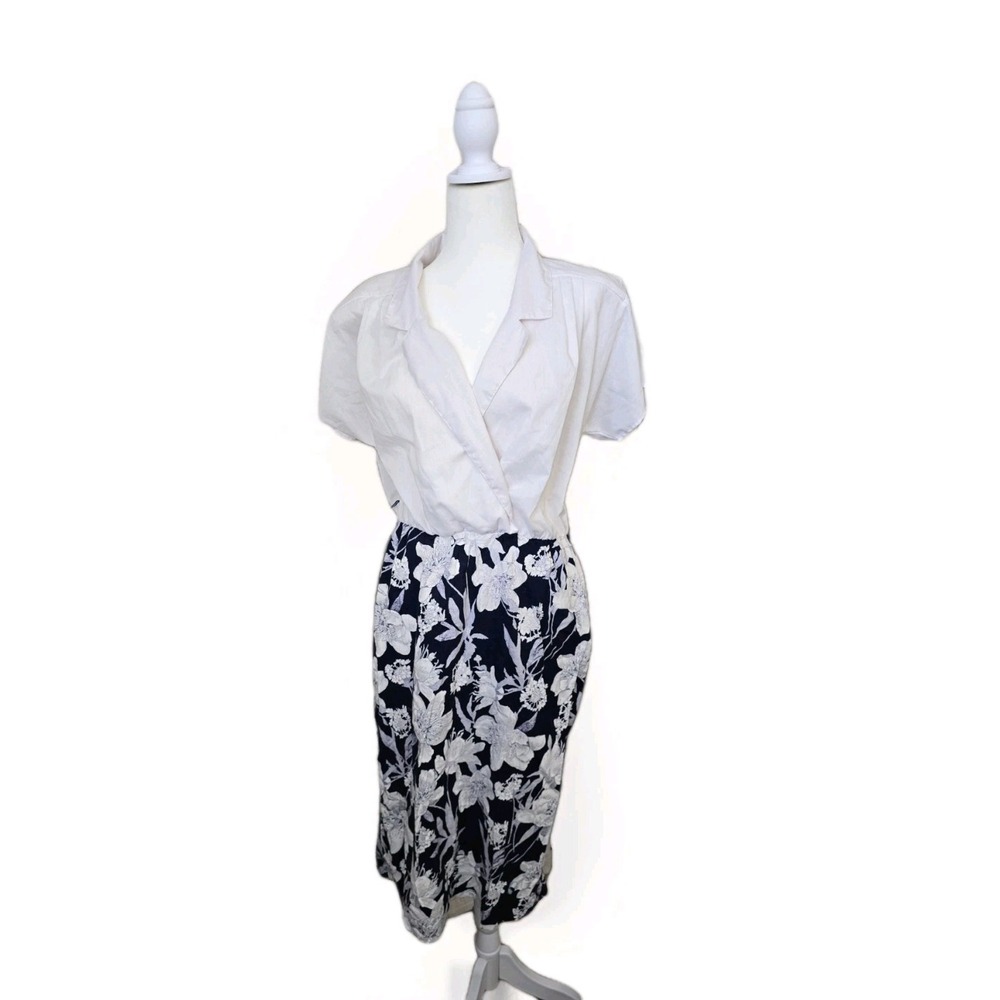 WOMEN'S MISS DORBY White Top BLUE FLORAL‎ Skirt SHORT-SLEEVE DRESS SIZE 10(?)